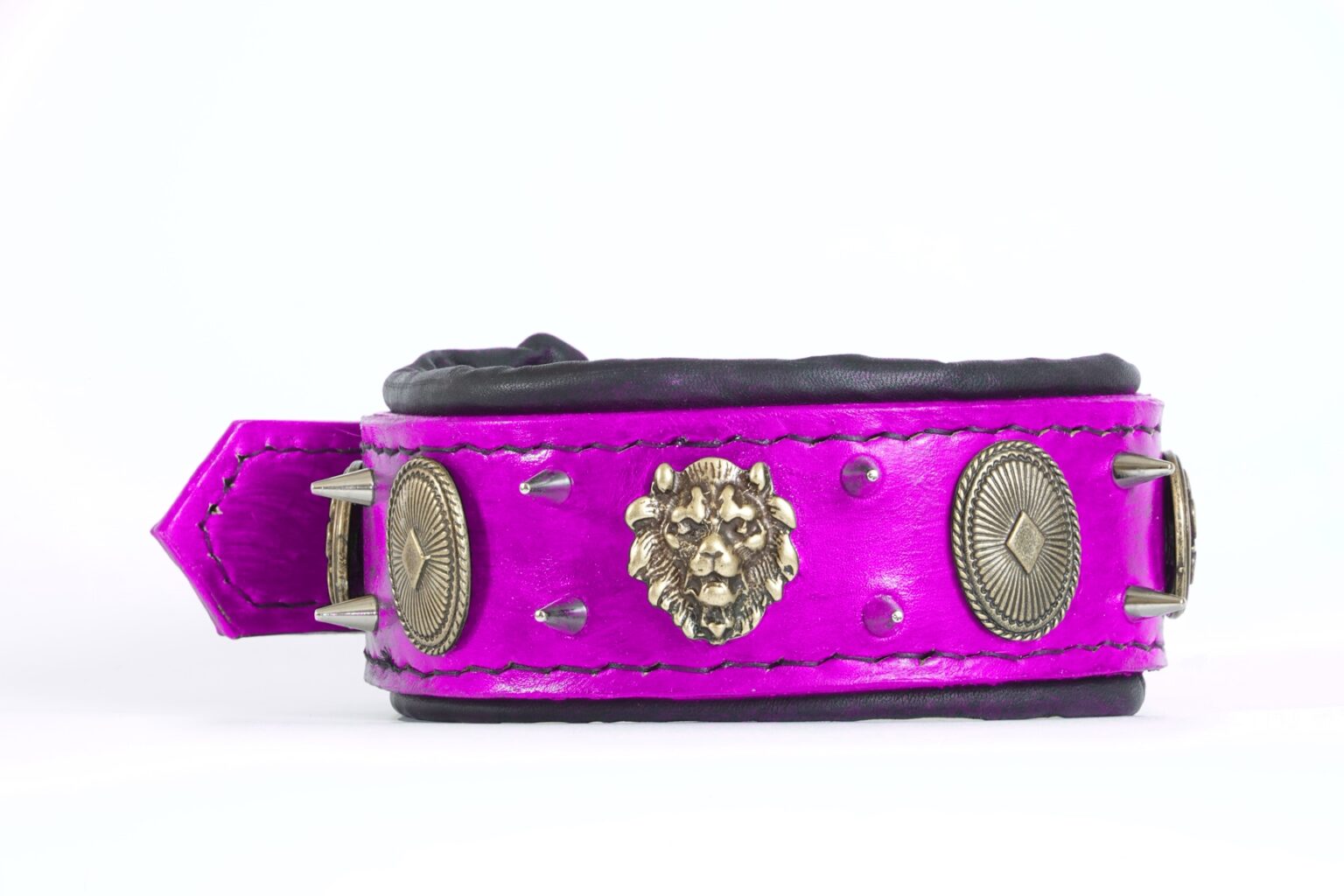 Leather dog collar padded with small spikes neon purple color Leather