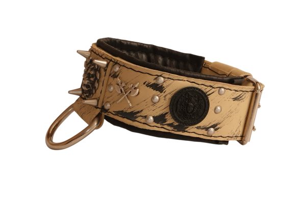 Leather Dog Collar Handmade Sand Color with War Axes and Greek Medusas - Image 3