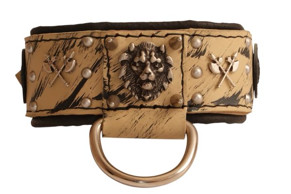 Leather Dog Collar Handmade Sand Color with War Axes and Greek Medusas - Image 4