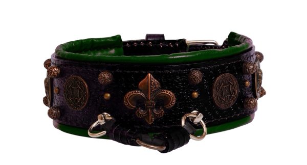 Black Mastiff Handmade Leather Dog Collar with French Lily and Conchos