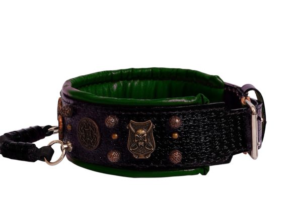 Black Mastiff Handmade Leather Dog Collar with French Lily and Conchos - Image 3