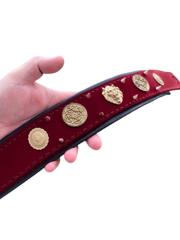 Handmade Burgundy Leather Dog Collar – Strong & Secure with Spikes & Celtic Conchos - Image 4