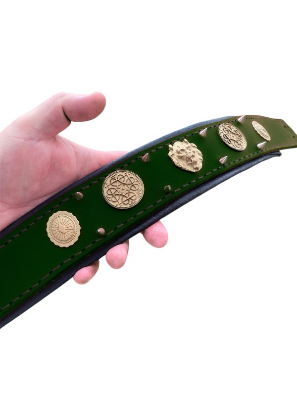 Green Leather Dog Collar – Durable Spiked Collar with Celtic Conchos for Large Dogs - Image 3