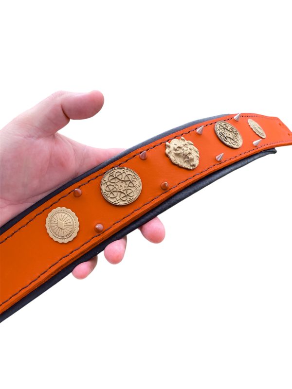 Orange Leather Dog Collar With Spikes and Celtic Conchos for Large Dogs - Image 6