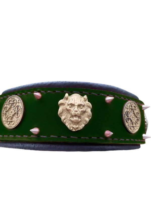 Green Leather Dog Collar – Durable Spiked Collar with Celtic Conchos for Large Dogs