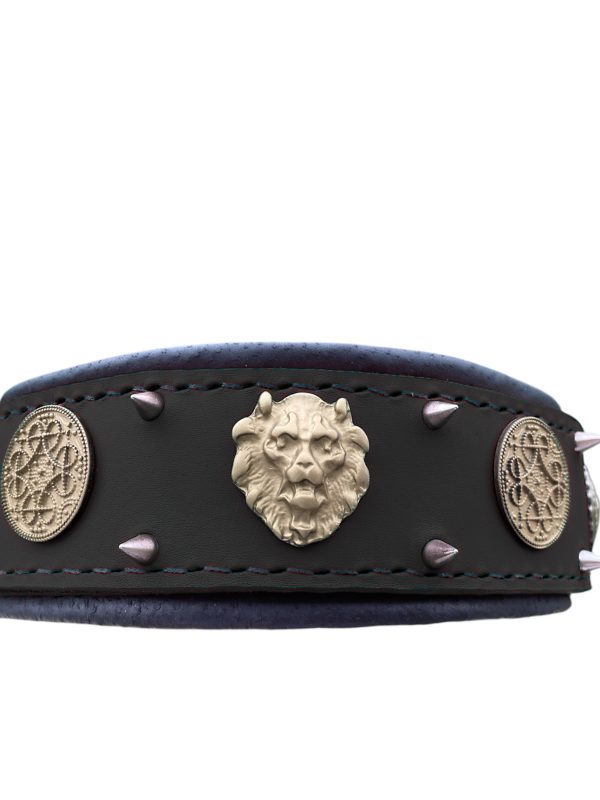 Gray Leather Dog Collar With Spikes and Celtic Conchos for Large Dogs