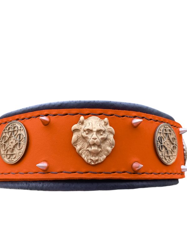 Orange Leather Dog Collar With Spikes and Celtic Conchos for Large Dogs