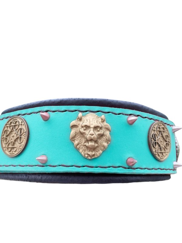 Leather Dog Collar Turquoise Spiked with Celtic Conchos for Strong Dogs