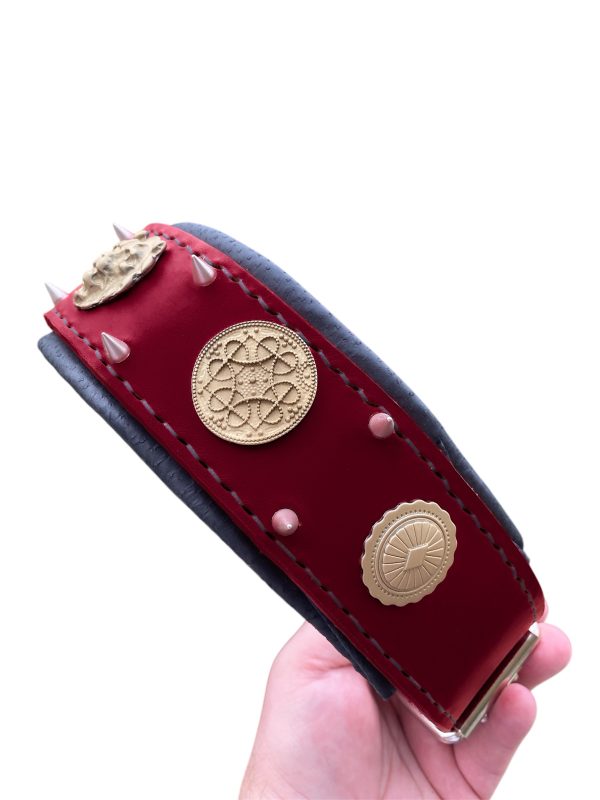 Handmade Burgundy Leather Dog Collar – Strong & Secure with Spikes & Celtic Conchos - Image 3