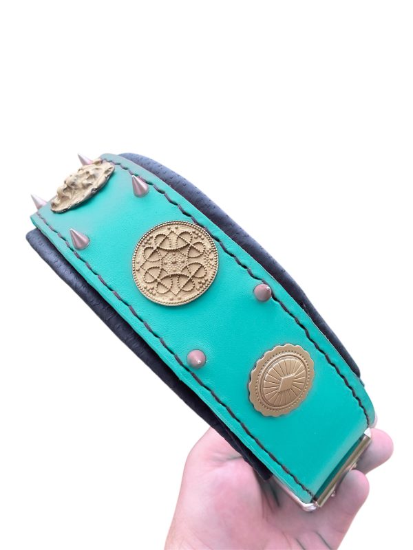 Leather Dog Collar Turquoise Spiked with Celtic Conchos for Strong Dogs - Image 5