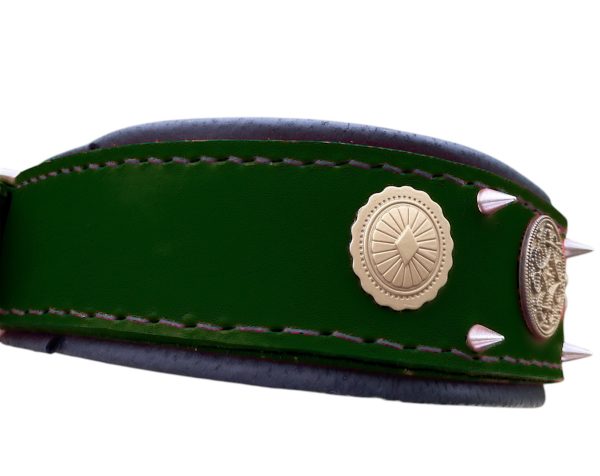 Green Leather Dog Collar – Durable Spiked Collar with Celtic Conchos for Large Dogs - Image 4