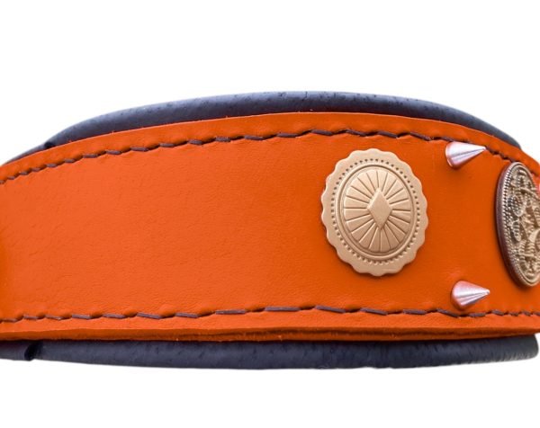 Orange Leather Dog Collar With Spikes and Celtic Conchos for Large Dogs - Image 4