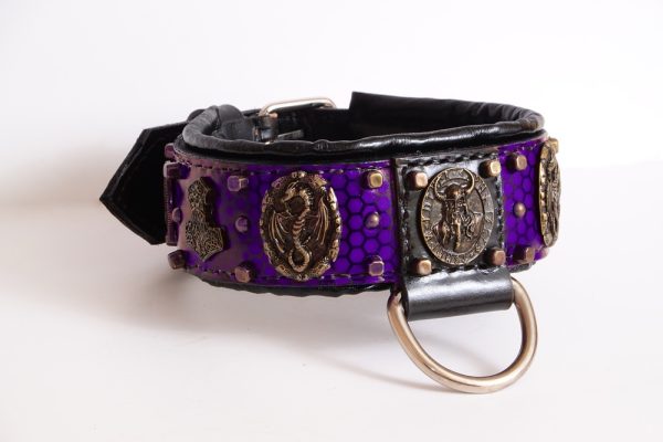 Purple ODIN leather dog collar honeycomb