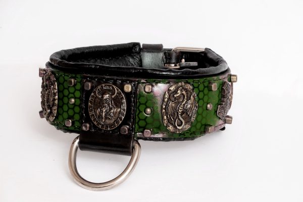 Viking Odin leather dog collar Honeycomb Green - Image 3