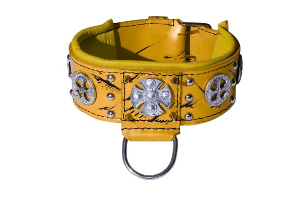 Yellow Leather Dog Collar Templar Cross with Yellow padding