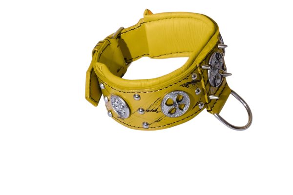 Yellow Leather Dog Collar Templar Cross with Yellow padding - Image 4