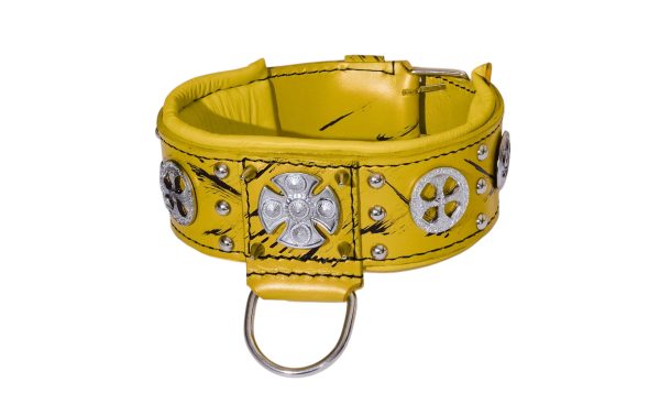 Yellow Leather Dog Collar Templar Cross with Yellow padding - Image 5