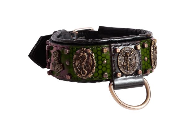 Viking Odin leather dog collar Honeycomb Green