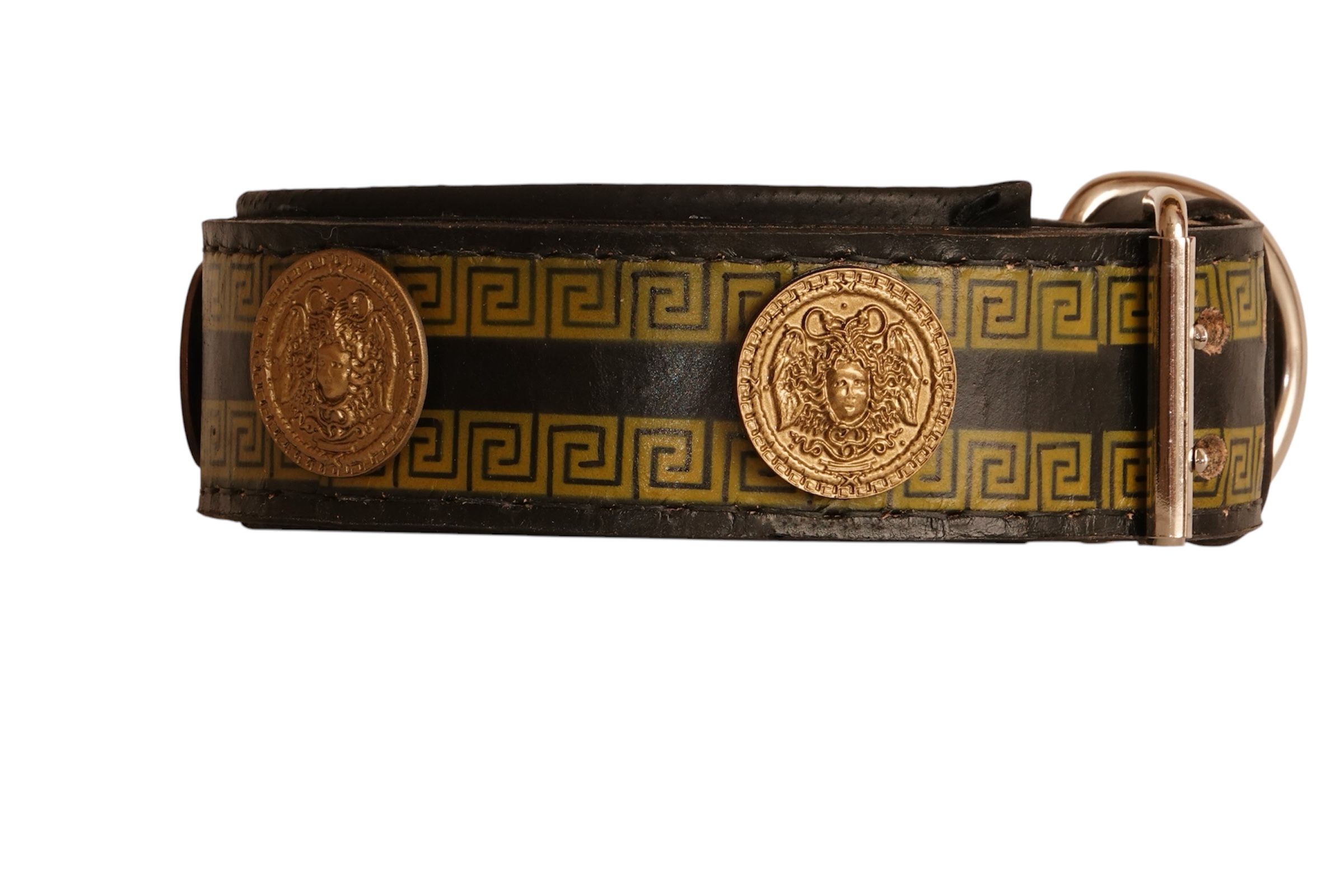 Handmade Leather Dog Collar with Greek Key & Medusa Symbols – Padded - Image 2