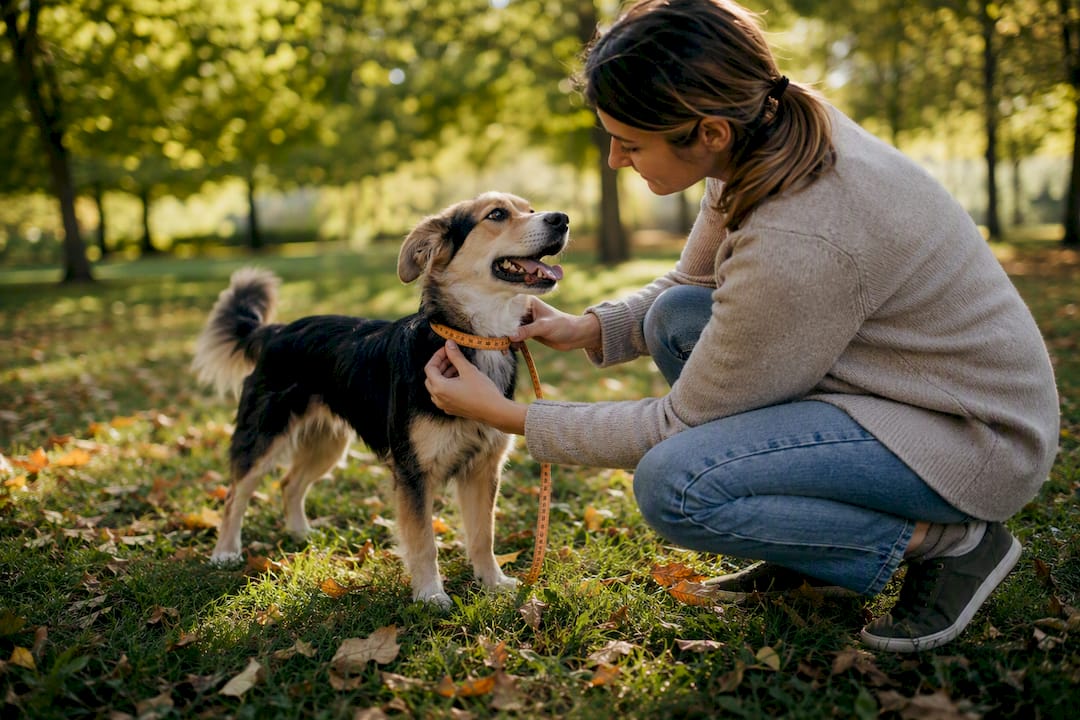 Owner measuring dog's neck with tape