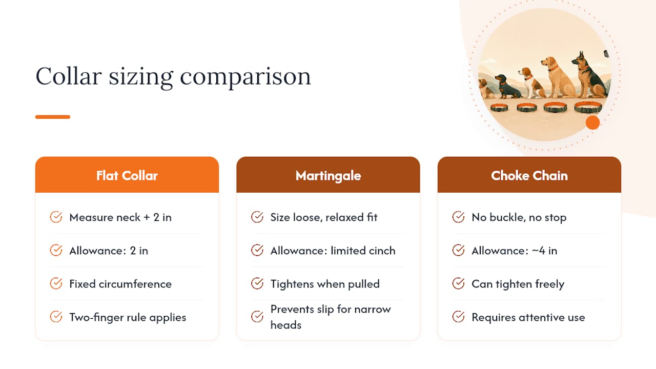 Diagram comparing sizing methods of different dog collar types