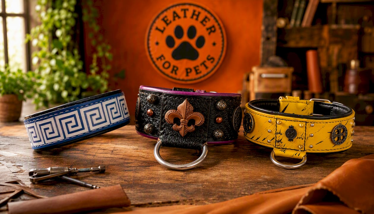 Blue Greek Key Leather Dog Collar – Custom Handmade Luxury