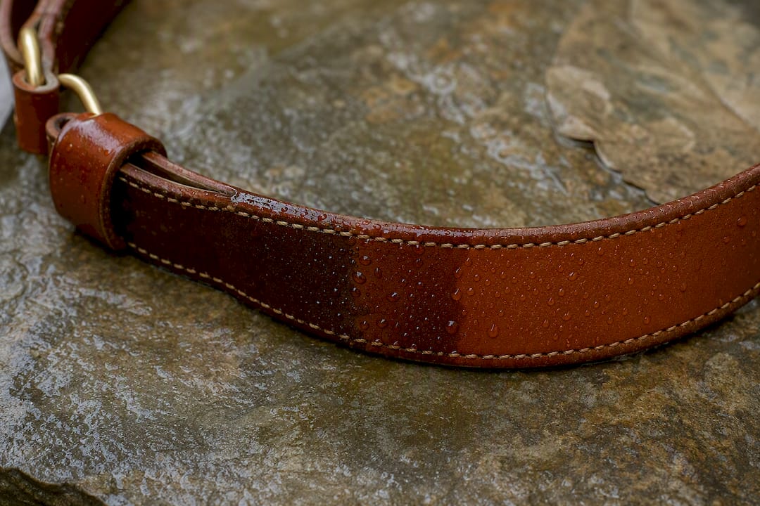 Wet vegetable-tanned leather collar showing darkened spots